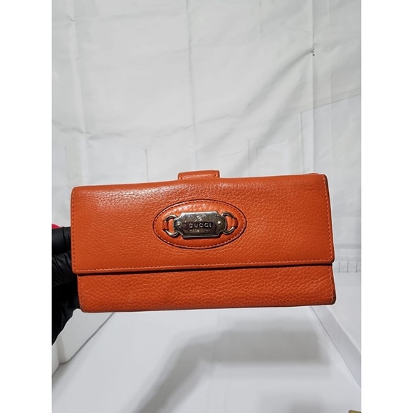 Authentic GUCCI Pebbled Leather Long Continental Wallet Orange - Picture 1 of 16